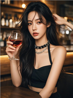 酒吧手持红酒的高冷美女图片